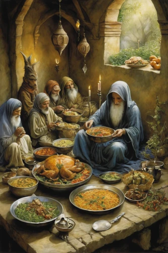 holy supper,christ feast,candlemas,persian norooz,middle-eastern meal,nativity of jesus,iranian cuisine,jewish cuisine,soup kitchen,nativity of christ,traditional food,dwarf cookin,mediterranean cuisine,last supper,persian new year's table,middle eastern food,nativity,sicilian cuisine,food table,pesach,Illustration,Realistic Fantasy,Realistic Fantasy 14