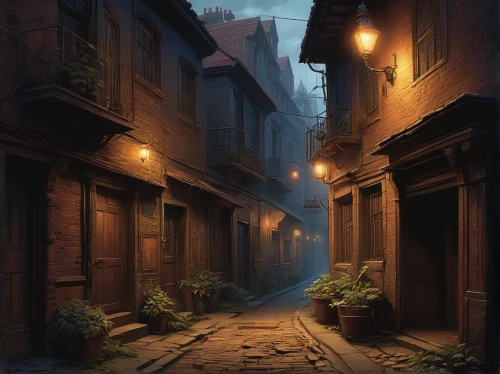 narrow street,alleyway,alley,old linden alley,medieval street,the cobbled streets,blind alley,old city,alley cat,world digital painting,rome night,night scene,cobblestones,evening atmosphere,cobblestone,old town,riad,the street,slums,street lamps,Conceptual Art,Fantasy,Fantasy 28