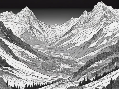 snowy peaks,mountains,snow mountains,mountains snow,snow mountain,mountain ranges,snowy mountains,moutains,mountain,mountain scene,high alps,eiger,mountain range,himalayas,mountainside,mountainous landscape,mont blanc,mountain slope,glacier,the landscape of the mountains,Illustration,Black and White,Black and White 19