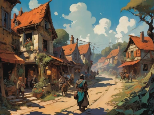 medieval street,wooden houses,knight village,medieval town,old town,the pied piper of hamelin,narrow street,village street,village life,villages,aurora village,wander,escher village,the cobbled streets,merchant,alpine village,old village,street scene,old city,stroll,Conceptual Art,Oil color,Oil Color 04