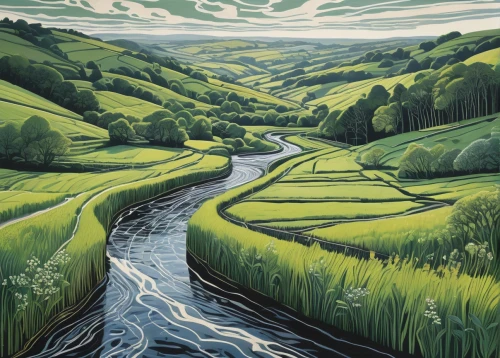 brook landscape,yorkshire,derbyshire,watercourse,north yorkshire,green fields,exmoor,yorkshire dales,david bates,meanders,peak district,river landscape,wales,wensleydale,hare trail,north yorkshire moors,green meadows,green landscape,carol colman,flowing creek,Illustration,Black and White,Black and White 15