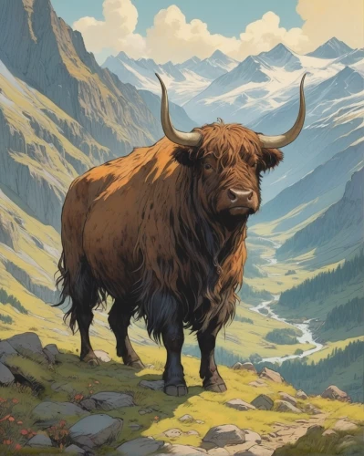 alpine cow,highland cow,bison,mountain cow,scottish highland cow,scottish highland cattle,yak,mountain cows,highland cattle,gnu,ox,muskox,buffalo,bos taurus,oxen,allgäu brown cattle,baby yak,yak cub,taurus,landseer,Illustration,Paper based,Paper Based 17