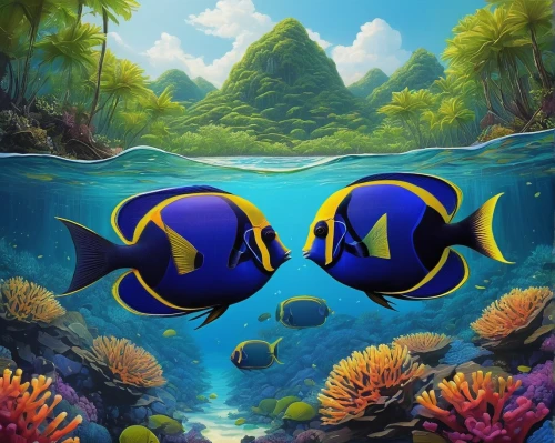 underwater background,lemon surgeonfish,underwater world,scuba,tropical fish,underwater landscape,aquatic life,pallet surgeonfish,underwater fish,aquatic animals,school of fish,aquarium inhabitants,coral reef fish,anemone fish,triggerfish-clown,blue angel fish,sea life underwater,underwater oasis,two fish,aquarium decor,Conceptual Art,Sci-Fi,Sci-Fi 05