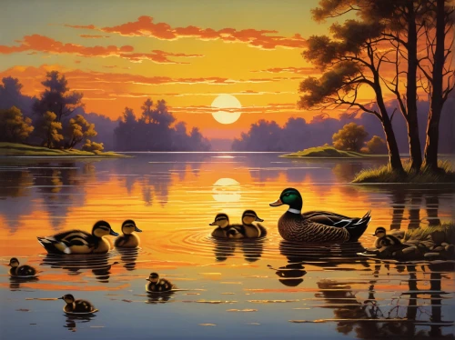 waterfowl,water fowl,waterfowls,evening lake,swan lake,ducklings,migratory birds,ducks  geese and swans,oil painting on canvas,canada geese,duckling,wild geese,wild ducks,duck on the water,landscape background,romantic scene,geese,water birds,mallards,ducks,Illustration,Retro,Retro 10