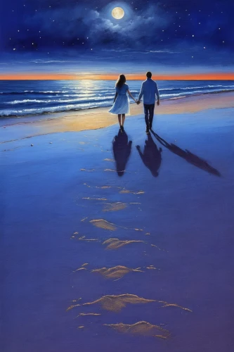 oil painting on canvas,moonlit night,walk on the beach,oil painting,beach walk,loving couple sunrise,beach landscape,blue moon,guiding light,sea night,romantic scene,moonlight,carol colman,moonlit,moon walk,young couple,art painting,night scene,romantic night,two people,Illustration,Paper based,Paper Based 15