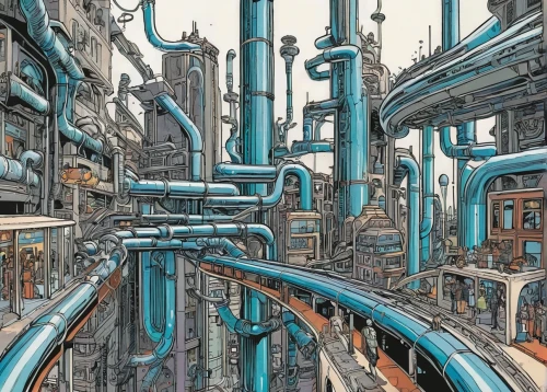 industrial tubes,pipes,metropolis,tubes,refinery,industrial landscape,futuristic landscape,bottleneck,industrial,amusement park,water pipes,fantasy city,helix,industrial plant,scifi,futuristic,orbital,the loop,industrial area,industries,Illustration,American Style,American Style 14