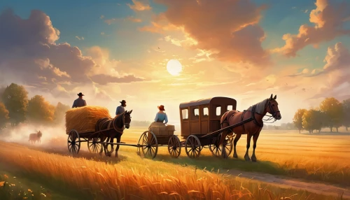 old wagon train,wooden carriage,stagecoach,farm landscape,carriage,horse and cart,horse-drawn,rural landscape,straw carts,horse drawn,covered wagon,straw cart,horse and buggy,horse-drawn carriage,horse carriage,farm pack,farm background,horse trailer,fantasy picture,ox cart,Illustration,Realistic Fantasy,Realistic Fantasy 01