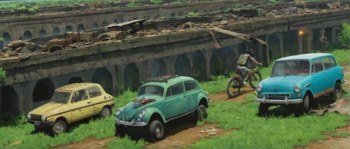 rusty cars,car cemetery,2cv,renault 4cv,trabant,scrapyard,renault 4,scrap yard,sweeping viaduct,salvage yard,austin a35,simca,junk yard,cars cemetry,hindustan ambassador,ford anglia,vehicles,subaru 360,old cars,darjeeling,Illustration,Japanese style,Japanese Style 05