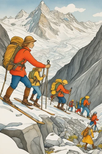 ski mountaineering,mountaineers,mountain rescue,the pied piper of hamelin,alpine crossing,mountain guide,forest workers,mountaineering,skiers,ski touring,hiking equipment,crampons,alpine climbing,trekking poles,alpine hats,hikers,pilgrims,alpine route,cool woodblock images,avalanche protection,Illustration,Realistic Fantasy,Realistic Fantasy 31
