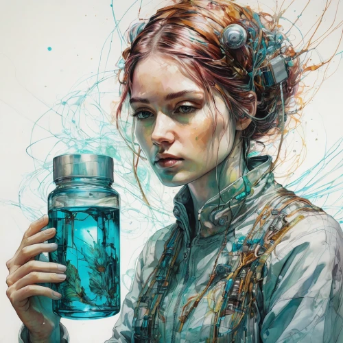 glass jar,bluebottle,sci fiction illustration,bell jar,mystical portrait of a girl,empty jar,glass painting,infusion,transistor,splintered,jar,dryad,water nymph,illustrator,submerged,water glass,faery,bottled water,blue painting,glass container,Illustration,Paper based,Paper Based 13