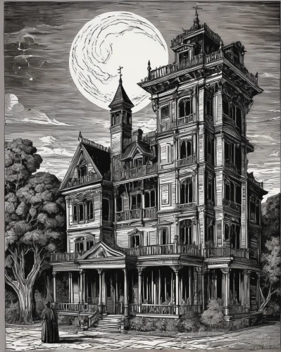 ghost castle,the haunted house,haunted castle,haunted house,victorian,witch's house,victorian house,witch house,house drawing,halloween illustration,victorian style,abandoned house,magic castle,hand-drawn illustration,creepy house,haunted,halloween poster,vintage halloween,old home,mansion,Illustration,Black and White,Black and White 27