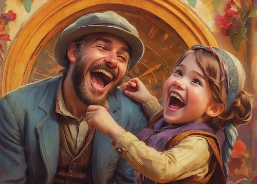 father with child,kids illustration,ventriloquist,the girl's face,children's background,little boy and girl,child portrait,painting technique,baby laughing,laughter,vintage boy and girl,playing with kids,romantic portrait,father and daughter,fantasy portrait,children's fairy tale,emile vernon,game illustration,to laugh,musicians,Conceptual Art,Fantasy,Fantasy 18