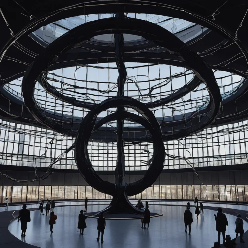 bundestag,reichstag,autostadt wolfsburg,stargate,futuristic art museum,universal exhibition of paris,spiralling,circular staircase,futuristic architecture,torus,steel sculpture,bicycle wheel,mercedes-benz museum,oculus,berlin brandenburg airport,wormhole,klaus rinke's time field,baku eye,epicycles,panopticon,Illustration,Black and White,Black and White 26