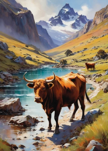 alpine cow,highland cow,mountain cows,highland cattle,scottish highland cattle,mountain cow,oxen,horned cows,scottish highland cow,allgäu brown cattle,ox,yak,bison,cow,horns cow,mountain tundra,highlands,galloway cattle,mountain pasture,buffalo,Conceptual Art,Oil color,Oil Color 09