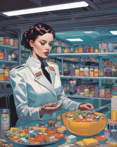 pharmacy,in the pharmaceutical,grocer,pharmacist,capsule-diet pill,food processing,apothecary,supermarket,deli,supermarket shelf,sci fiction illustration,grocery,convenience store,chemist,girl in the kitchen,cashier,pantry,grocery store,woman shopping,chemical laboratory,Conceptual Art,Daily,Daily 08