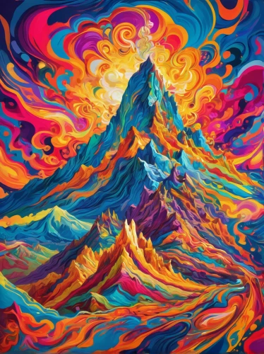 fire mountain,stratovolcano,volcano,mountain peak,the spirit of the mountains,eiger,mountain,high mountains,matterhorn,lava dome,mountains,volcanos,mountain landscape,peaks,volcanism,mountain world,cloud mountain,mountain sunrise,mountain spirit,mountain scene,Conceptual Art,Oil color,Oil Color 23