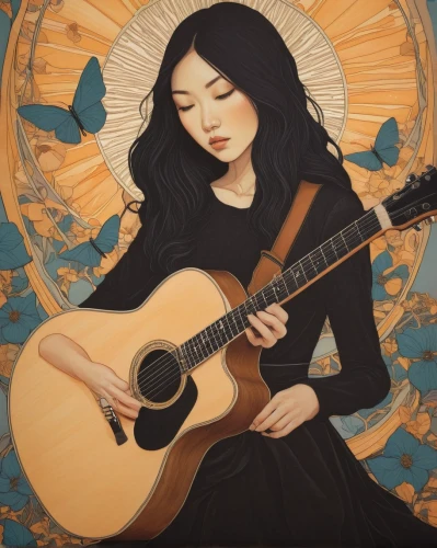 acoustic guitar,mari makinami,han thom,guitar,classical guitar,shirakami-sanchi,acoustic-electric guitar,acoustic,rosa ' amber cover,choi kwang-do,woman playing,painted guitar,janome chow,songpyeon,blackbird,concert guitar,asian woman,kaew chao chom,playing the guitar,folk music,Illustration,Japanese style,Japanese Style 15