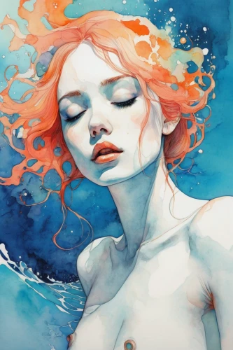 watercolor mermaid,siren,merfolk,nami,water nymph,mermaid,submerged,the sea maid,rusalka,swimmer,aquarius,submerge,sirens,immersed,underwater,watery heart,mermaid vectors,watercolor blue,water colors,mermaid background,Illustration,Paper based,Paper Based 19