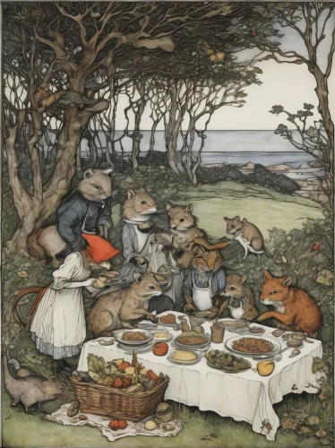 kate greenaway,fox and hare,arthur rackham,foragers,rabbits and hares,peter rabbit,fox hunting,hare field,woodland animals,hares,foraging,food table,children's fairy tale,tea party,coddle,david bates,hunting scene,autumn idyll,celebration of witches,aglais,Illustration,Retro,Retro 25