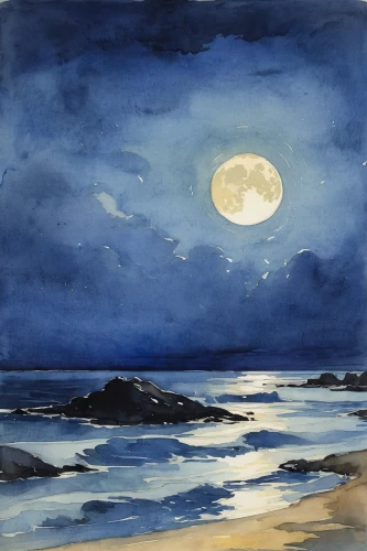 moonlit night,sea night,moonlit,watercolor blue,blue moon,moonlight,watercolor,moonrise,moonbow,watercolor painting,watercolor background,watercolor sketch,seascape,watercolor paint,full moon,moon night,water color,watercolour,sea landscape,beach landscape,Art,Classical Oil Painting,Classical Oil Painting 20