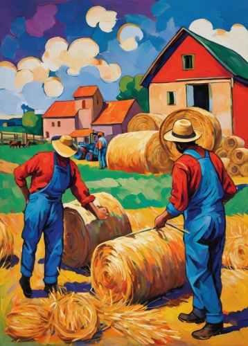 straw harvest,grain harvest,threshing,breadbasket,agriculture,straw carts,straw bales,farmworker,farm workers,agricultural,harvest,farmers bread,farm landscape,round straw bales,bales,haymaking,corn harvest,paddy harvest,farmers,harvest time,Conceptual Art,Oil color,Oil Color 25