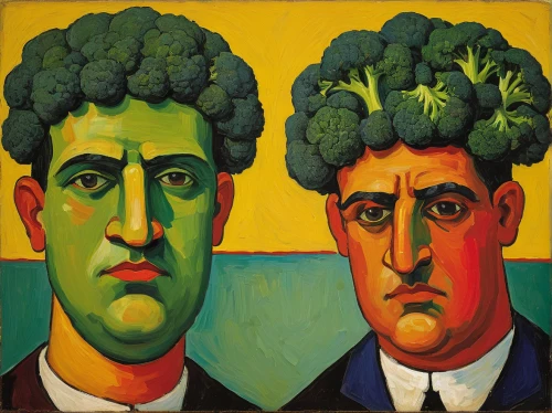 rapini,romanescu,lacinato kale,vegetables,broccoli,heads,green paprika,parsley family,vegetable,brocoli broccolli,two people,picasso,brassica,kale,pop art people,grant wood,cabbage,greed,heads of royal palms,veggies,Art,Artistic Painting,Artistic Painting 36