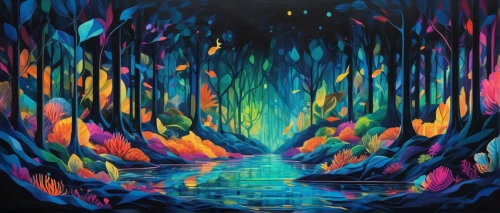 forest of dreams,acid lake,underground lake,panoramical,psychedelic art,aura,cave on the water,the forest,lava river,lagoon,ice cave,enchanted forest,mushroom landscape,fairy forest,holy forest,passage,cave,the forests,forest glade,chasm,Illustration,Vector,Vector 07