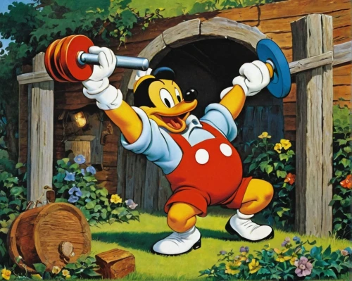 popeye village,popeye,pinocchio,donald duck,micky mouse,donald,geppetto,mickey mouse,mickey mause,strongman,banjo bolt,frutti di bosco,disney character,mickey,sylvester,weightlifting,mario,a carpenter,weightlifting machine,mascot,Illustration,Retro,Retro 18