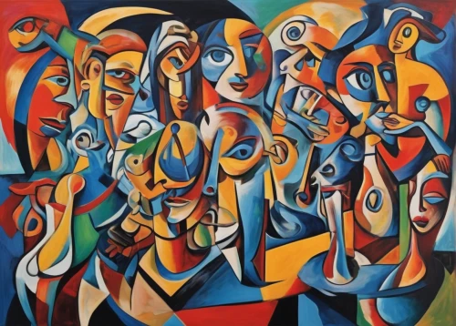 picasso,cubism,musicians,faces,abstract cartoon art,multicolor faces,orchesta,group of people,braque francais,woman's face,violinists,heads,abstract painting,psychedelic art,oil painting on canvas,woman thinking,abstract artwork,popular art,meticulous painting,art painting,Conceptual Art,Oil color,Oil Color 24