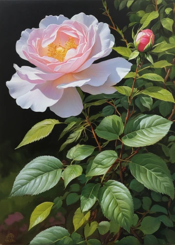 landscape rose,rosa-sinensis,camellias,camellia,camellia blossom,japanese camellia,shrub rose,rose bush,japan rose,hedge rose,camelliers,evergreen rose,flower painting,bibernell rose,rose bloom,rose flower illustration,rosebush,tea rose,rose woodruff,oil painting,Conceptual Art,Oil color,Oil Color 17