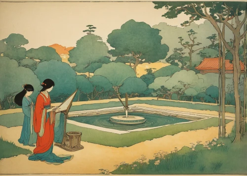 sake gardens,woman at the well,cool woodblock images,towards the garden,japanese garden ornament,work in the garden,tea ceremony,oriental painting,japanese garden,ritsurin garden,orientalism,japan garden,japanese art,lilly pond,idyll,woodblock prints,lotus pond,gardens,lily pond,ginkaku-ji,Illustration,Japanese style,Japanese Style 21
