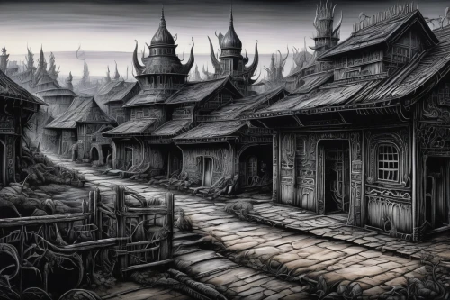 wooden houses,witch's house,medieval street,medieval town,escher village,witch house,haunted house,ancient city,gothic architecture,ancient house,the haunted house,knight village,ghost town,mud village,lostplace,fantasy city,half-timbered houses,the cobbled streets,fantasy art,fantasy landscape,Conceptual Art,Sci-Fi,Sci-Fi 02