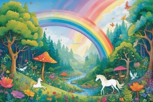 unicorn background,unicorn and rainbow,rainbow unicorn,unicorn art,fairy world,fairy forest,unicorns,unicorn,rainbow background,spring unicorn,rainbow world map,fairy village,rainbow bridge,children's background,fairytale forest,enchanted forest,fantasy picture,children's fairy tale,pot of gold background,rainbow,Illustration,Paper based,Paper Based 10