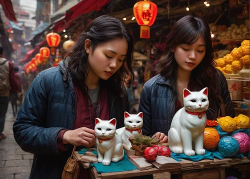 lucky cat,chinese pastoral cat,china cny,asian culture,china town,japanese bobtail,cat lovers,figurines,chinatown,kitsune,dog street,namdaemun market,cat family,offerings,happy chinese new year,cat image,cat supply,foxes,cute cat,doll cat,Conceptual Art,Oil color,Oil Color 12