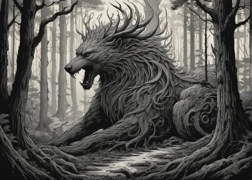 forest dragon,forest animal,howling wolf,nine-tailed,forest king lion,haunted forest,gnarled,supernatural creature,forest man,black dragon,forest dark,black shepherd,werewolf,mythical creature,forest path,howl,druids,forest tree,gryphon,trioceros,Illustration,Black and White,Black and White 01