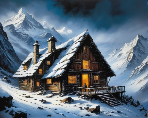 mountain hut,alpine hut,house in mountains,winter house,mountain huts,house in the mountains,snow house,the cabin in the mountains,alpine village,mountain settlement,log cabin,mountain village,lonely house,monte rosa hut,cottage,snow scene,chalet,winter village,snowhotel,snow roof,Illustration,Realistic Fantasy,Realistic Fantasy 34