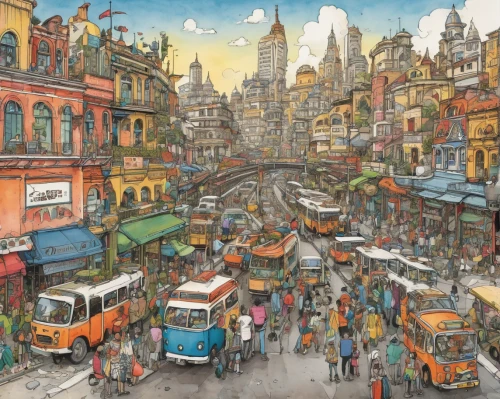 kathmandu,mumbai,grand bazaar,chennai,india,indian art,bombay,jaipur,delhi,istanbul,galata,valparaiso,new delhi,lahore,nepal,addis ababa,the market,kadikoy,by chaitanya k,hyderabad,Illustration,Paper based,Paper Based 26