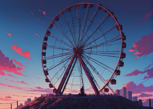 ferris wheel,amusement park,high wheel,big wheel,amusement ride,fairground,wheel,dusk background,carousel,sakura background,funfair,summer sky,pink dawn,panoramical,coney island,aesthetic,paddlewheel,french digital background,radial,revolving,Conceptual Art,Fantasy,Fantasy 32