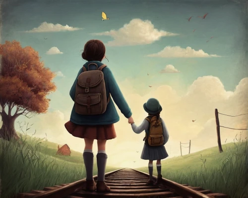 little girls walking,girl and boy outdoor,girl walking away,little boy and girl,going home,walk,walk with the children,autumn walk,adventure game,studio ghibli,journey,school start,see you again,hand in hand,travelers,walking,pathway,kids illustration,back-to-school,hold hands,Illustration,Abstract Fantasy,Abstract Fantasy 02