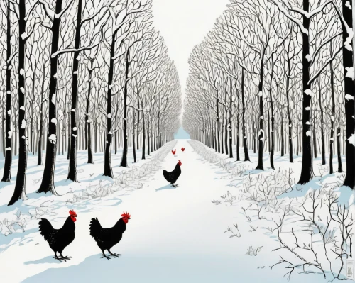 winter chickens,winter animals,winter background,snow scene,christmas snowy background,modern christmas card,flock of chickens,robins in a winter garden,chickens,chicken yard,winter forest,christmas landscape,background vector,thanksgiving background,chicken run,winter landscape,christmas cards,free range chicken,laying hens,roosters,Illustration,Vector,Vector 14