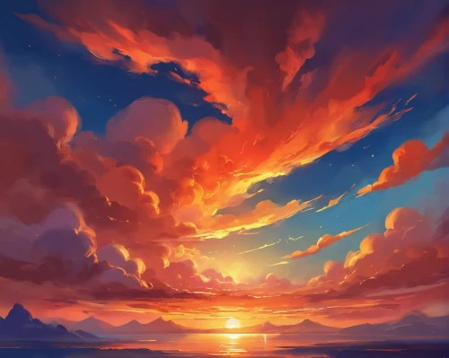 coast sunset,fire on sky,epic sky,cloudscape,sunrise in the skies,skies,sky clouds,sunset,mountain sunrise,sky,sunburst background,fantasy landscape,eventide,clouds,atmosphere sunrise sunrise,summer sky,evening sky,sunrise,red sky,landscape background,Illustration,Realistic Fantasy,Realistic Fantasy 01