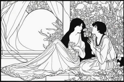 alfons mucha,art nouveau,secret garden of venus,mucha,art nouveau design,coloring page,coloring pages,scent of jasmine,rem in arabian nights,line-art,accolade,cluster-lilies,coloring picture,art nouveau frame,rusalka,jasmin-solanum,pall-bearer,lineart,cover,mono-line line art,Illustration,Black and White,Black and White 24