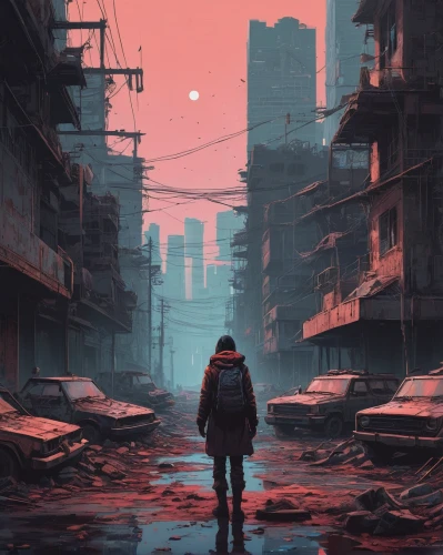 cyberpunk,post apocalyptic,wanderer,desolate,dystopian,post-apocalyptic landscape,post-apocalypse,world digital painting,cityscape,destroyed city,dystopia,red place,slum,apocalyptic,the wanderer,barren,shinjuku,suburb,desolation,slums,Conceptual Art,Fantasy,Fantasy 32