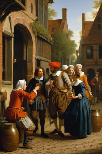 bremen town musicians,street musicians,woman at the well,woman holding pie,winemaker,flemish,woman playing,woman drinking coffee,woman with ice-cream,the production of the beer,pilgrims,bougereau,basket maker,the pied piper of hamelin,street scene,celebration of witches,musicians,dutch oven,girl with a wheel,courtship,Art,Classical Oil Painting,Classical Oil Painting 41