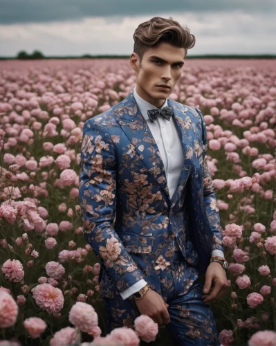 wedding suit,men's suit,flowered tie,floral background,field of flowers,bridegroom,vintage floral,flower wall en,flower field,flower fabric,men's wear,male model,formal guy,pompadour,flowers field,navy suit,blooming field,gardener,japanese floral background,the suit,Photography,Fashion Photography,Fashion Photography 01