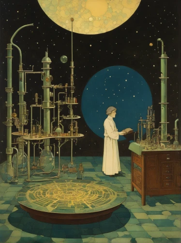 astronomer,clockmaker,apothecary,orrery,candlemaker,scientific instrument,alchemy,chemist,watchmaker,distillation,sci fiction illustration,astronomy,laboratory,scientist,theoretician physician,examining,chemical laboratory,geocentric,researcher,science fiction,Illustration,Retro,Retro 17