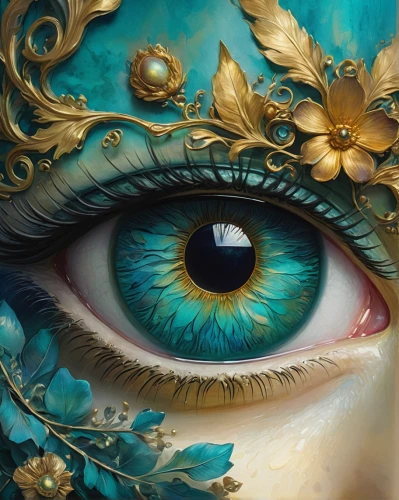 peacock eye,masquerade,cosmic eye,golden eyes,venetian mask,fantasy art,golden mask,the carnival of venice,the blue eye,women's eyes,fractals art,golden wreath,all seeing eye,pupil,abstract eye,eye,eye ball,gold filigree,ojos azules,meticulous painting,Illustration,Realistic Fantasy,Realistic Fantasy 03