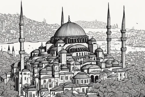 sultan ahmed mosque,blue mosque,constantinople,sultan ahmet mosque,istanbul city,ayasofya,istanbul,sultanahmet,big mosque,hagia sofia,hagia sophia mosque,grand mosque,mosques,city mosque,byzantine architecture,alabaster mosque,islamic architectural,grand bazaar,sultan ahmed,ottoman,Illustration,Black and White,Black and White 21