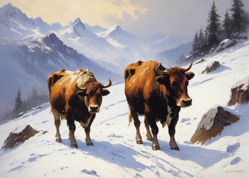 mountain cows,allgäu brown cattle,simmental cattle,horned cows,oxen,alpine cow,heifers,cows on pasture,tyrolean gray cattle,two cows,livestock,beef cattle,galloway cattle,young cattle,cattle,cows,domestic cattle,mountain cow,highland cattle,holstein cattle,Art,Classical Oil Painting,Classical Oil Painting 32
