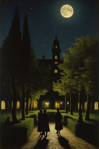 night scene,the park at night,moonlit night,the night of kupala,at night,house silhouette,bremen town musicians,romantic scene,dark park,night watch,studio ghibli,night image,evening atmosphere,church painting,children studying,game illustration,lamplighter,werewolves,landscape lighting,nocturnes,Art,Classical Oil Painting,Classical Oil Painting 43